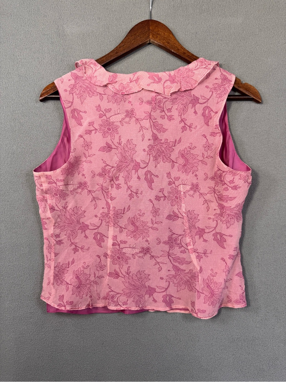 Vintage Y2K  ✨ Fairy 🧚 Sleeveless Pink Floral Ruffle Tie V Neck Silk Top, M - Picture 6 of 14